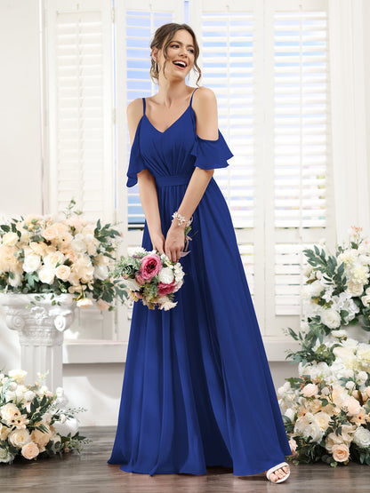Vestidos de Dama de Honra Em Chiffon Linha A com Alças Finas e Franzidos Laterais Divididas Até O Chão