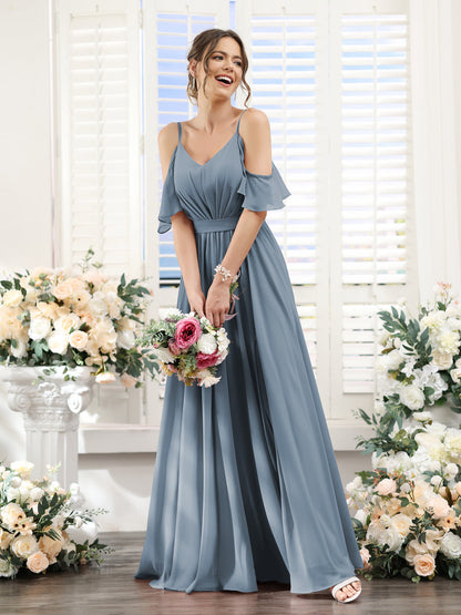 Vestidos de Dama de Honra Em Chiffon Linha A com Alças Finas e Franzidos Laterais Divididas Até O Chão