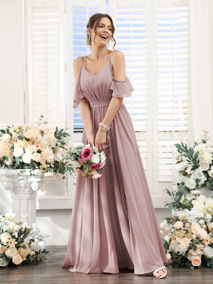 Vestidos de Dama de Honra Em Chiffon Linha A com Alças Finas e Franzidos Laterais Divididas Até O Chão