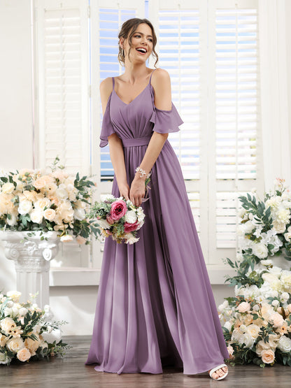 Vestidos de Dama de Honra Em Chiffon Linha A com Alças Finas e Franzidos Laterais Divididas Até O Chão