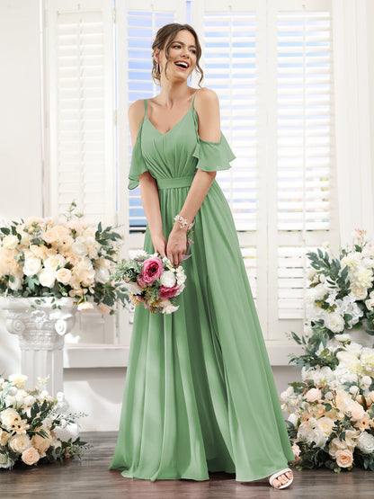Vestidos de Dama de Honra Em Chiffon Linha A com Alças Finas e Franzidos Laterais Divididas Até O Chão