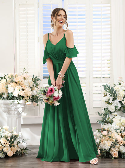 Vestidos de Dama de Honra Em Chiffon Linha A com Alças Finas e Franzidos Laterais Divididas Até O Chão