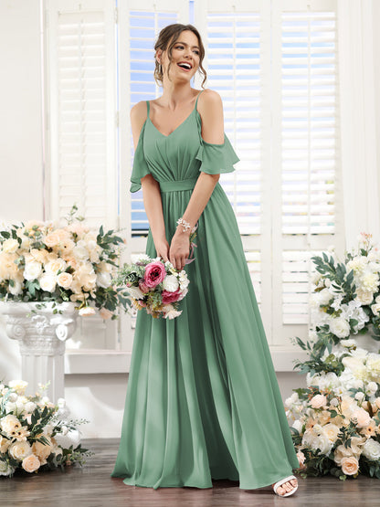 Vestidos de Dama de Honra Em Chiffon Linha A com Alças Finas e Franzidos Laterais Divididas Até O Chão