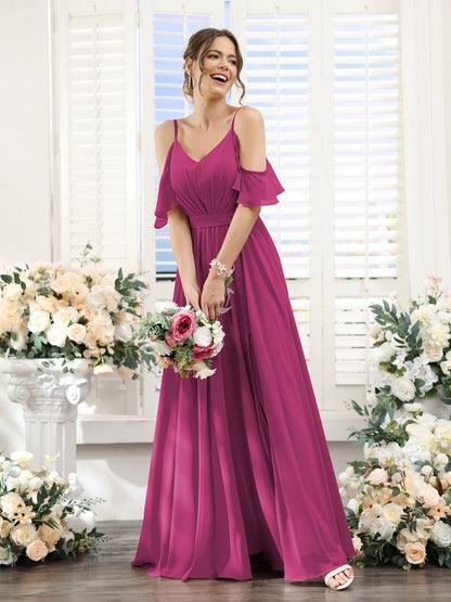 Vestidos de Dama de Honra Em Chiffon Linha A com Alças Finas e Franzidos Laterais Divididas Até O Chão