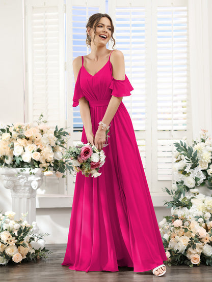 Vestidos de Dama de Honra Em Chiffon Linha A com Alças Finas e Franzidos Laterais Divididas Até O Chão