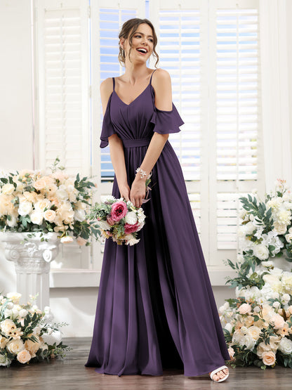Vestidos de Dama de Honra Em Chiffon Linha A com Alças Finas e Franzidos Laterais Divididas Até O Chão