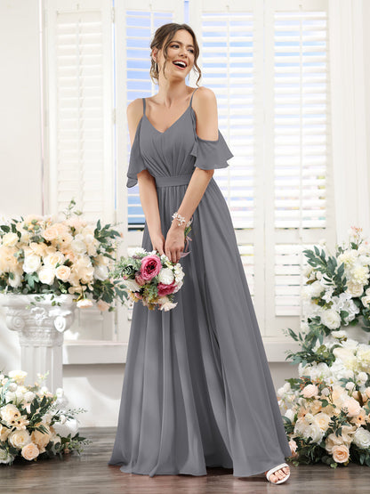 Vestidos de Dama de Honra Em Chiffon Linha A com Alças Finas e Franzidos Laterais Divididas Até O Chão