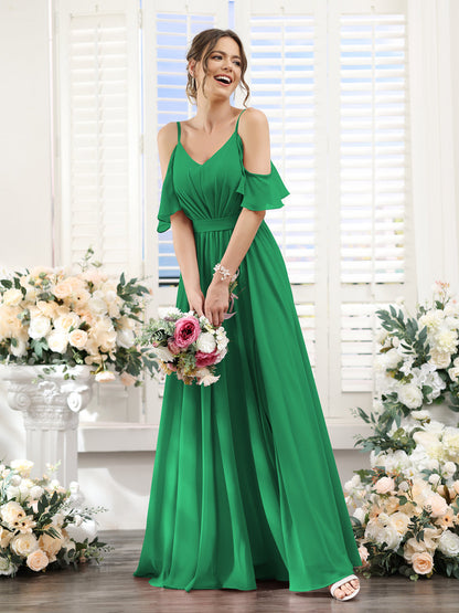 Vestidos de Dama de Honra Em Chiffon Linha A com Alças Finas e Franzidos Laterais Divididas Até O Chão