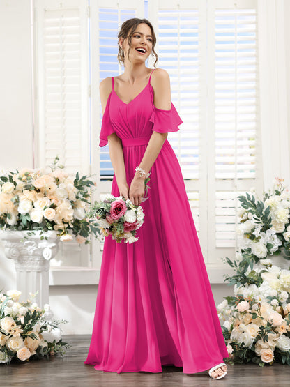Vestidos de Dama de Honra Em Chiffon Linha A com Alças Finas e Franzidos Laterais Divididas Até O Chão
