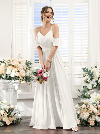 Vestidos de Dama de Honra Em Chiffon Linha A com Alças Finas e Franzidos Laterais Divididas Até O Chão