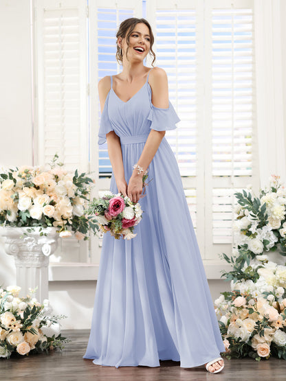 Vestidos de Dama de Honra Em Chiffon Linha A com Alças Finas e Franzidos Laterais Divididas Até O Chão