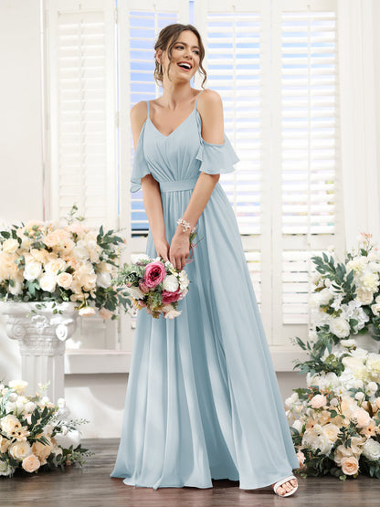Vestidos de Dama de Honra Em Chiffon Linha A com Alças Finas e Franzidos Laterais Divididas Até O Chão