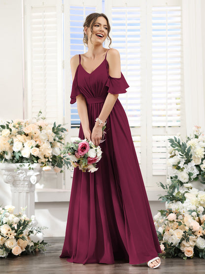 Vestidos de Dama de Honra Em Chiffon Linha A com Alças Finas e Franzidos Laterais Divididas Até O Chão