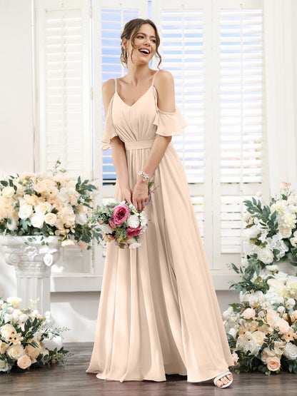 Vestidos de Dama de Honra Em Chiffon Linha A com Alças Finas e Franzidos Laterais Divididas Até O Chão