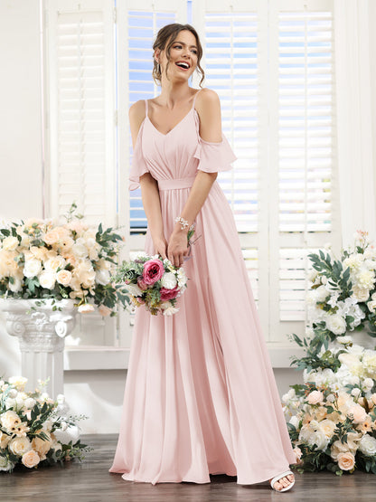 Vestidos de Dama de Honra Em Chiffon Linha A com Alças Finas e Franzidos Laterais Divididas Até O Chão