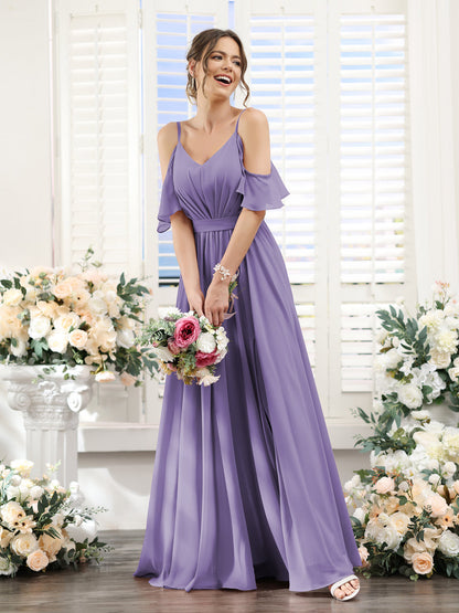 Vestidos de Dama de Honra Em Chiffon Linha A com Alças Finas e Franzidos Laterais Divididas Até O Chão