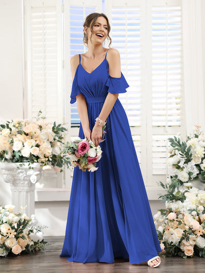 Vestidos de Dama de Honra Em Chiffon Linha A com Alças Finas e Franzidos Laterais Divididas Até O Chão