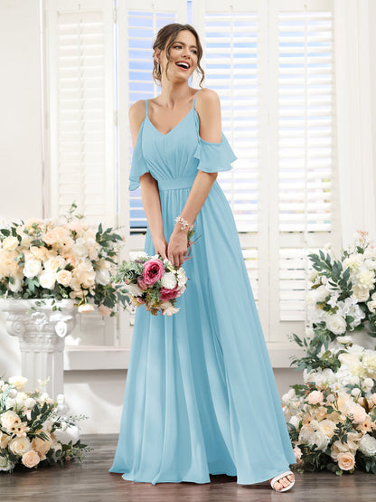 Vestidos de Dama de Honra Em Chiffon Linha A com Alças Finas e Franzidos Laterais Divididas Até O Chão