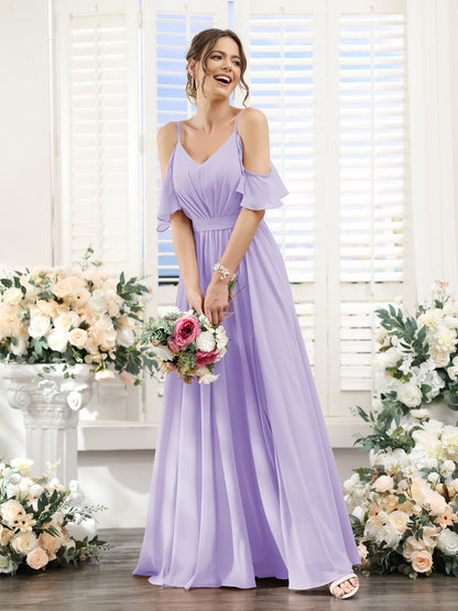 Vestidos de Dama de Honra Em Chiffon Linha A com Alças Finas e Franzidos Laterais Divididas Até O Chão