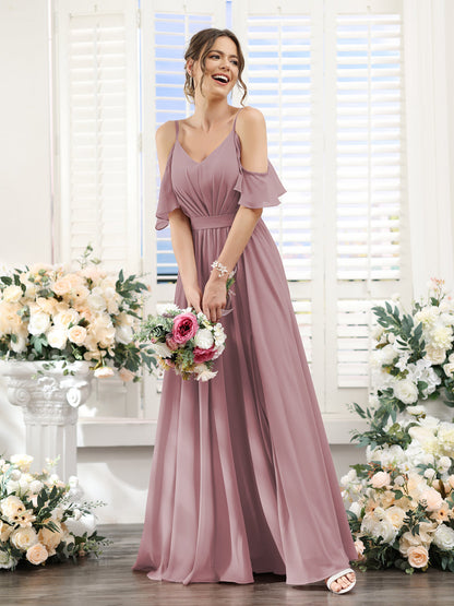 Vestidos de Dama de Honra Em Chiffon Linha A com Alças Finas e Franzidos Laterais Divididas Até O Chão