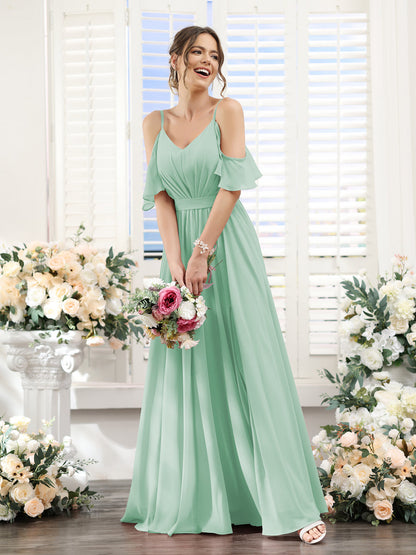 Vestidos de Dama de Honra Em Chiffon Linha A com Alças Finas e Franzidos Laterais Divididas Até O Chão