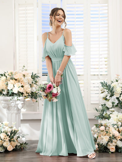 Vestidos de Dama de Honra Em Chiffon Linha A com Alças Finas e Franzidos Laterais Divididas Até O Chão