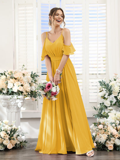 Vestidos de Dama de Honra Em Chiffon Linha A com Alças Finas e Franzidos Laterais Divididas Até O Chão