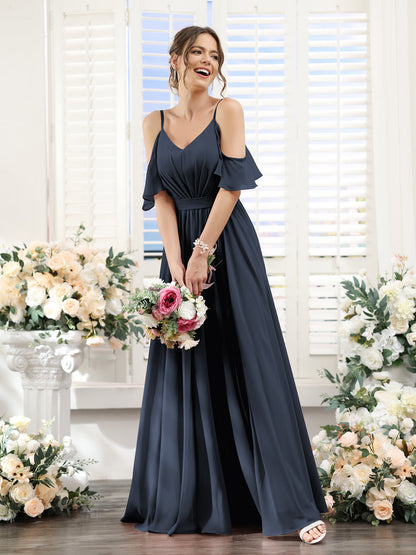Vestidos de Dama de Honra Em Chiffon Linha A com Alças Finas e Franzidos Laterais Divididas Até O Chão