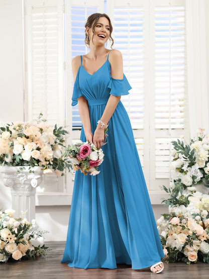 Vestidos de Dama de Honra Em Chiffon Linha A com Alças Finas e Franzidos Laterais Divididas Até O Chão