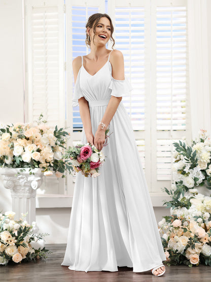 Vestidos de Dama de Honra Em Chiffon Linha A com Alças Finas e Franzidos Laterais Divididas Até O Chão