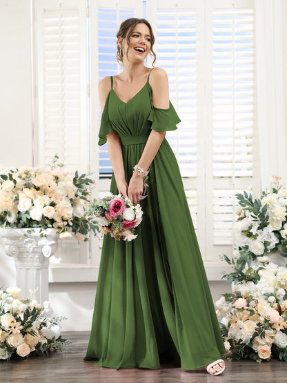 Vestidos de Dama de Honra Em Chiffon Linha A com Alças Finas e Franzidos Laterais Divididas Até O Chão