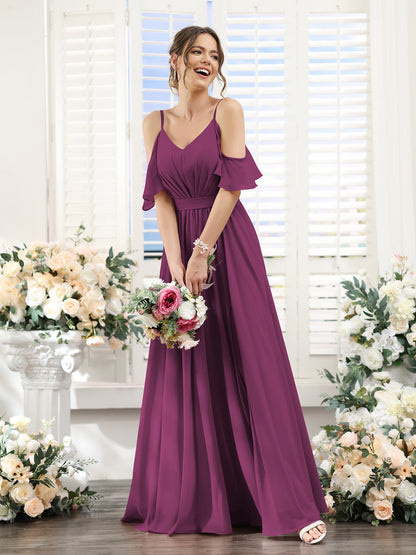 Vestidos de Dama de Honra Em Chiffon Linha A com Alças Finas e Franzidos Laterais Divididas Até O Chão