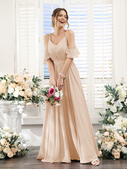 Vestidos de Dama de Honra Em Chiffon Linha A com Alças Finas e Franzidos Laterais Divididas Até O Chão