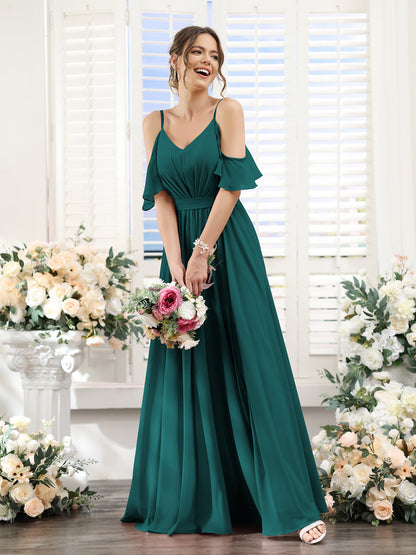 Vestidos de Dama de Honra Em Chiffon Linha A com Alças Finas e Franzidos Laterais Divididas Até O Chão