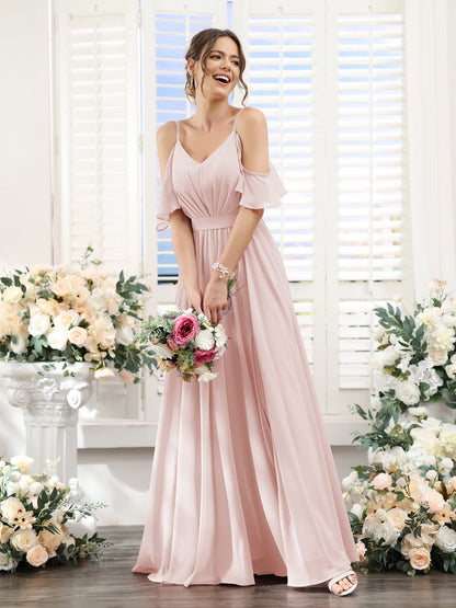 Vestidos de Dama de Honra Em Chiffon Linha A com Alças Finas e Franzidos Laterais Divididas Até O Chão