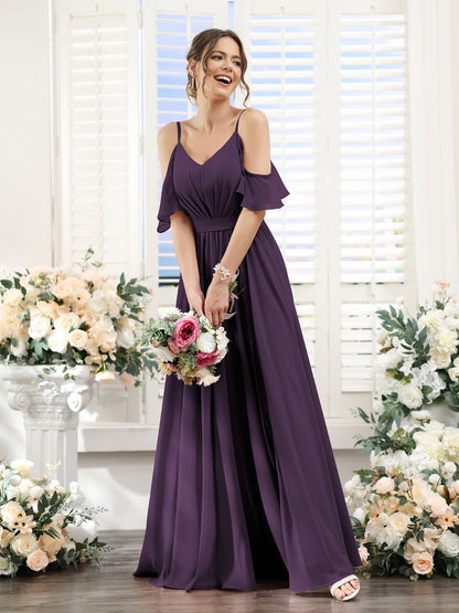 Vestidos de Dama de Honra Em Chiffon Linha A com Alças Finas e Franzidos Laterais Divididas Até O Chão