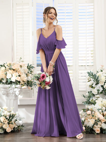 Vestidos de Dama de Honra Em Chiffon Linha A com Alças Finas e Franzidos Laterais Divididas Até O Chão