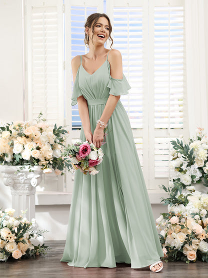 Vestidos de Dama de Honra Em Chiffon Linha A com Alças Finas e Franzidos Laterais Divididas Até O Chão