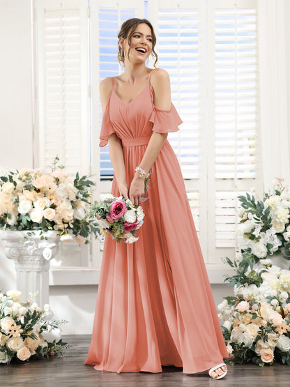 Vestidos de Dama de Honra Em Chiffon Linha A com Alças Finas e Franzidos Laterais Divididas Até O Chão