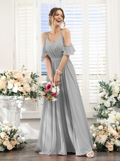 Vestidos de Dama de Honra Em Chiffon Linha A com Alças Finas e Franzidos Laterais Divididas Até O Chão