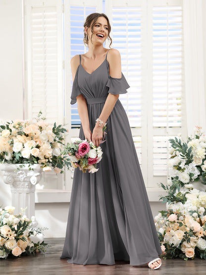 Vestidos de Dama de Honra Em Chiffon Linha A com Alças Finas e Franzidos Laterais Divididas Até O Chão