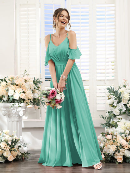 Vestidos de Dama de Honra Em Chiffon Linha A com Alças Finas e Franzidos Laterais Divididas Até O Chão