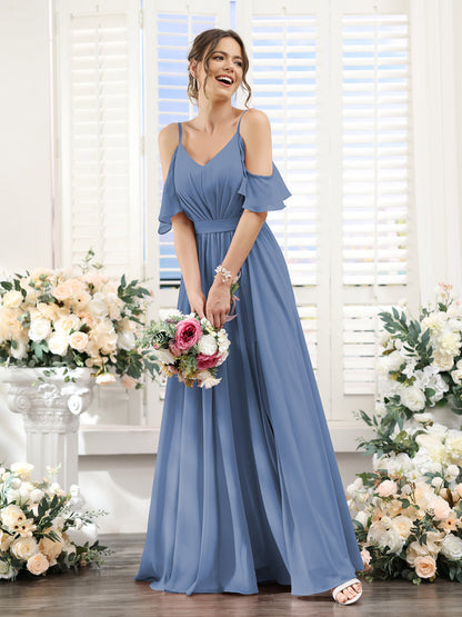 Vestidos de Dama de Honra Em Chiffon Linha A com Alças Finas e Franzidos Laterais Divididas Até O Chão
