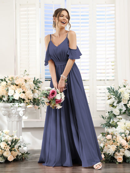 Vestidos de Dama de Honra Em Chiffon Linha A com Alças Finas e Franzidos Laterais Divididas Até O Chão