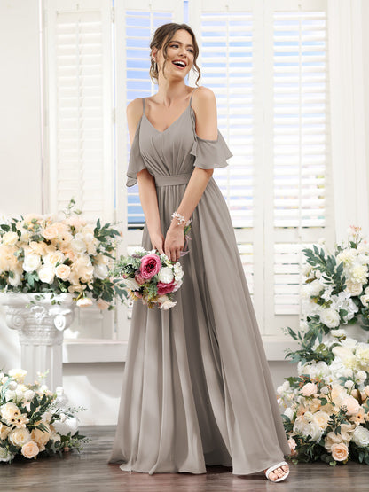 Vestidos de Dama de Honra Em Chiffon Linha A com Alças Finas e Franzidos Laterais Divididas Até O Chão