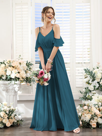 Vestidos de Dama de Honra Em Chiffon Linha A com Alças Finas e Franzidos Laterais Divididas Até O Chão
