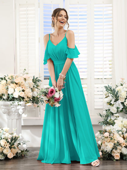 Vestidos de Dama de Honra Em Chiffon Linha A com Alças Finas e Franzidos Laterais Divididas Até O Chão
