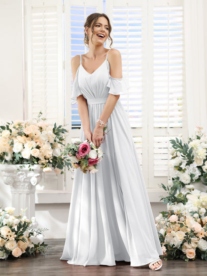 Vestidos de Dama de Honra Em Chiffon Linha A com Alças Finas e Franzidos Laterais Divididas Até O Chão