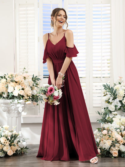 Vestidos de Dama de Honra Em Chiffon Linha A com Alças Finas e Franzidos Laterais Divididas Até O Chão