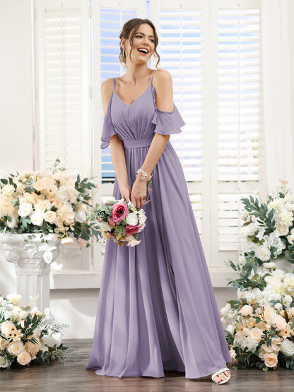 Vestidos de Dama de Honra Em Chiffon Linha A com Alças Finas e Franzidos Laterais Divididas Até O Chão